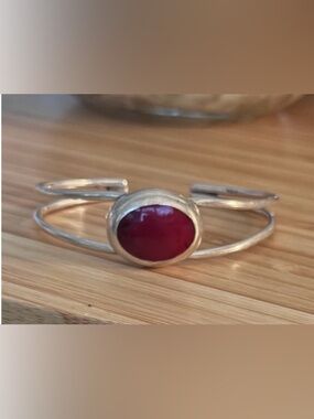 Sterling Silver cuff bracelet features a polished red CARNELIAN and or Coral